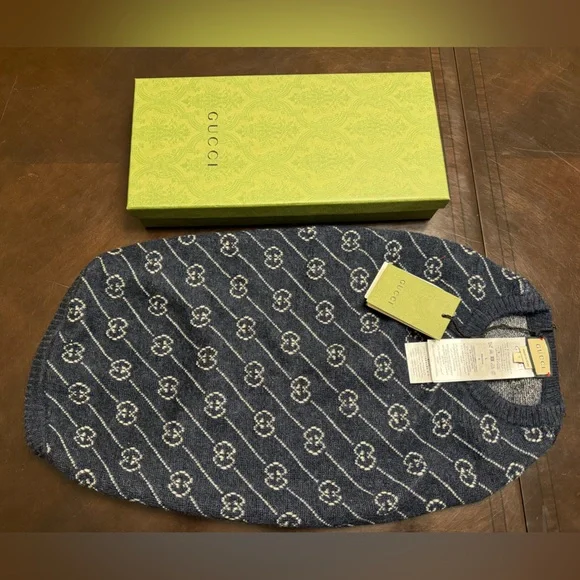 New Authentic Gucci GG Logo Dog Wool Sweater Vest Blue - Picture 1 of 16